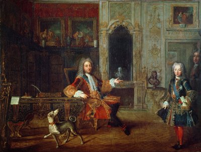 Ludwig XV. (1710-74) und der Regent, Philippe II. (1674-1723), Herzog von Orléans im Arbeitszimmer des Grand Dauphin in Versailles, ca. 1720 von French School